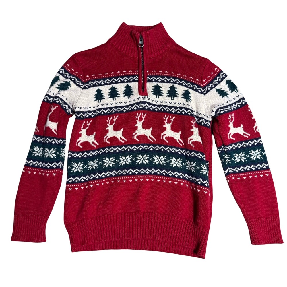 The Childrens Place Boys Red Fair Isle Reindeer Quarter Zip Sweater Size 7/8 M